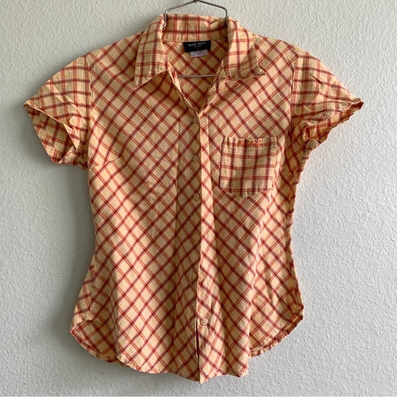 VINTAGE NAF NAF y2k retro short sleeve blouse button up top plaid Small pocket - Picture 2 of 9